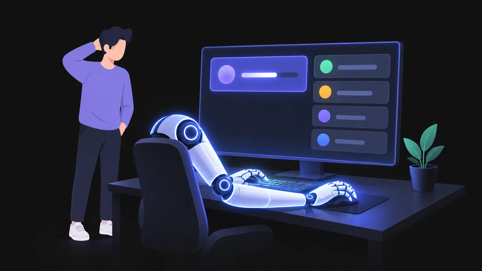 The AI takes your mouse and keyboard while you wait. Only one task moves at a time