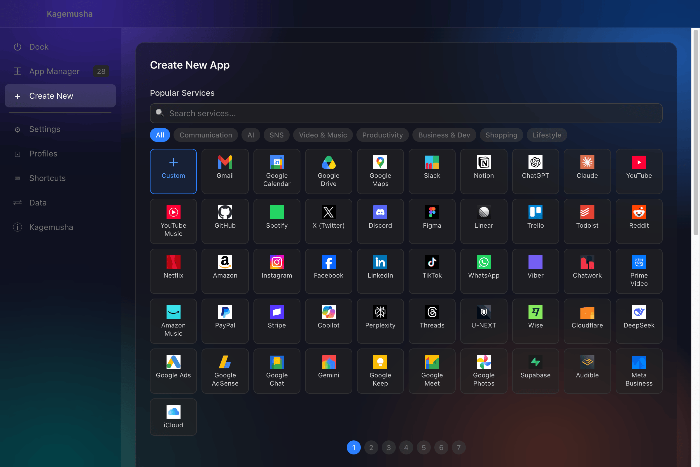 Create new app screen